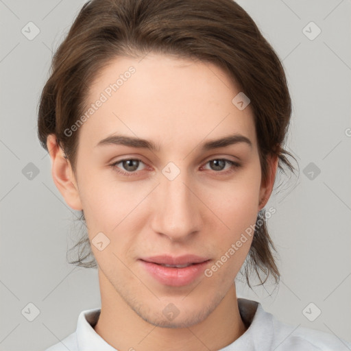 Neutral white young-adult female with short  brown hair and brown eyes