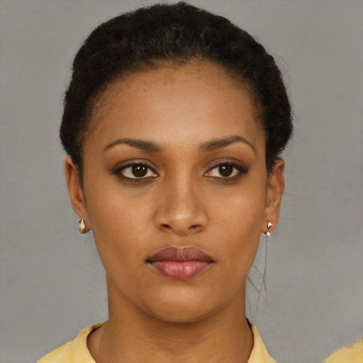 Neutral latino young-adult female with short  brown hair and brown eyes