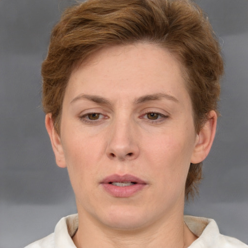 Neutral white adult female with short  brown hair and brown eyes