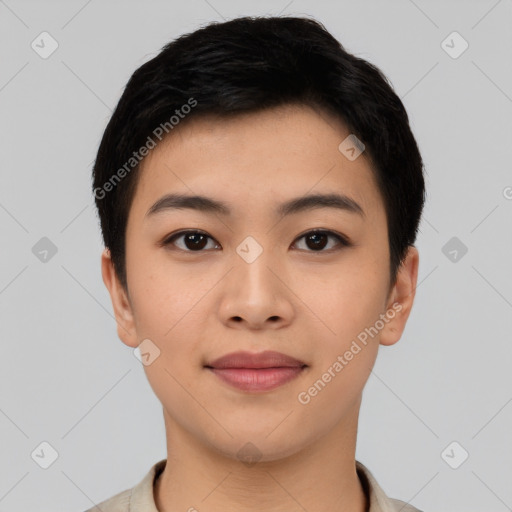 Joyful asian young-adult female with short  black hair and brown eyes