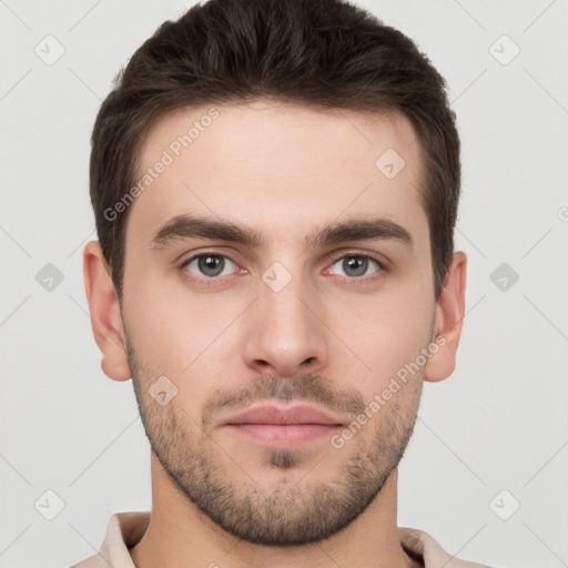 Neutral white young-adult male with short  brown hair and brown eyes