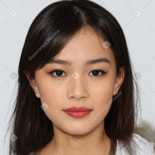 Neutral asian young-adult female with long  brown hair and brown eyes