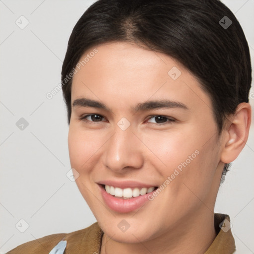 Joyful white young-adult female with short  brown hair and brown eyes