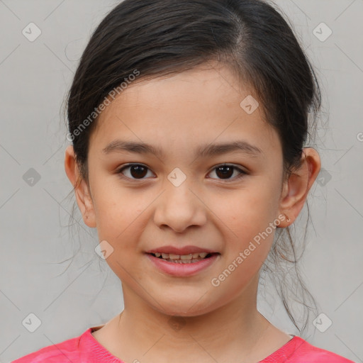 Joyful white child female with medium  brown hair and brown eyes