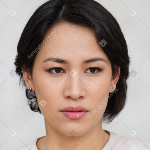 Neutral asian young-adult female with medium  brown hair and brown eyes