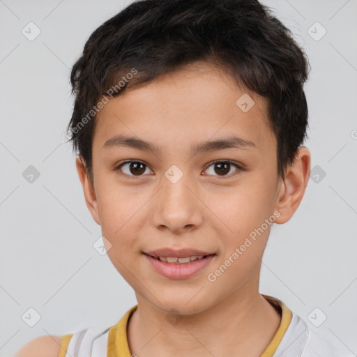 Joyful white child male with short  brown hair and brown eyes