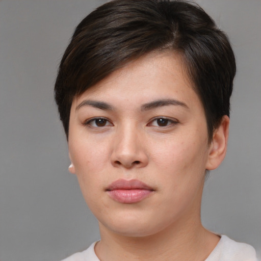 Neutral asian young-adult female with short  brown hair and brown eyes