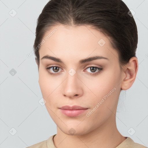 Neutral white young-adult female with short  brown hair and brown eyes