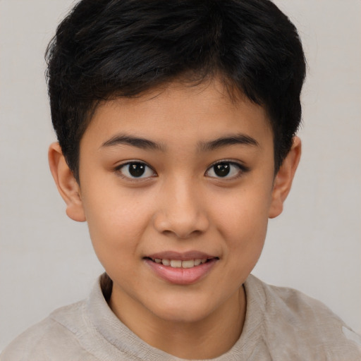 Joyful asian child female with short  brown hair and brown eyes