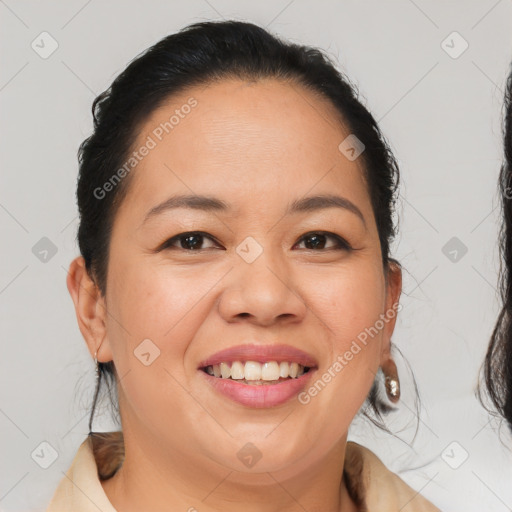 Joyful white young-adult female with medium  brown hair and brown eyes