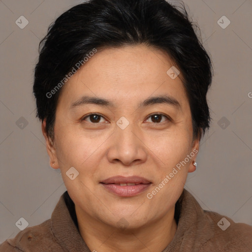 Joyful white adult female with medium  brown hair and brown eyes