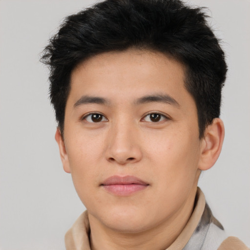 Neutral asian young-adult male with short  brown hair and brown eyes