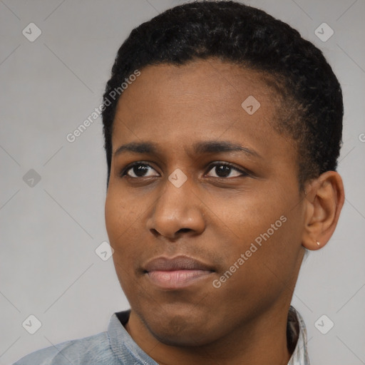 Neutral black young-adult male with short  black hair and brown eyes