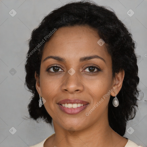 Joyful latino young-adult female with medium  black hair and brown eyes