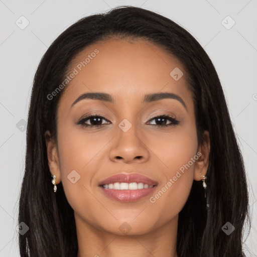 Joyful latino young-adult female with long  brown hair and brown eyes