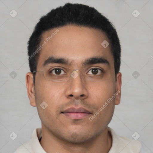 Neutral latino young-adult male with short  black hair and brown eyes