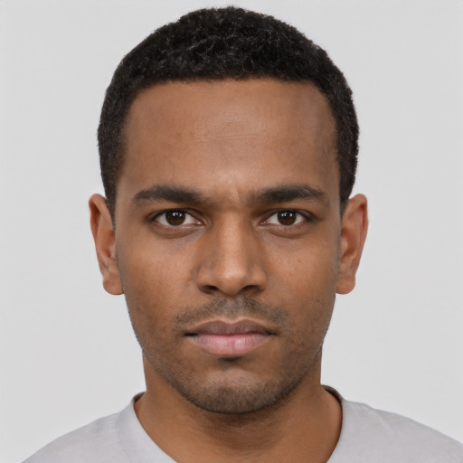 Neutral black young-adult male with short  black hair and brown eyes