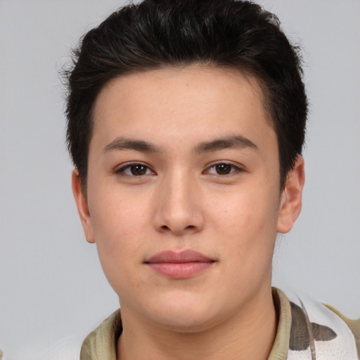 Neutral asian young-adult male with short  brown hair and brown eyes