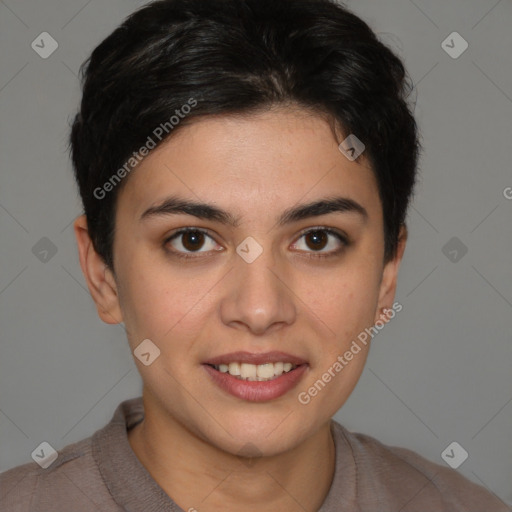 Joyful white young-adult female with short  brown hair and brown eyes