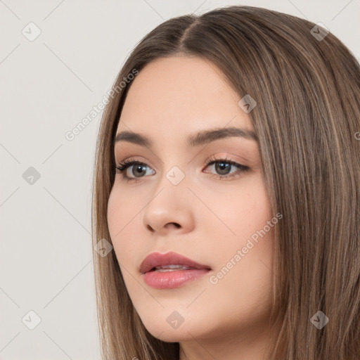 Neutral white young-adult female with long  brown hair and brown eyes