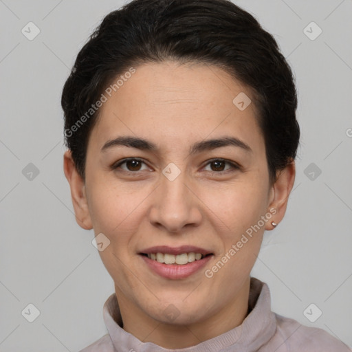 Joyful white young-adult female with short  brown hair and brown eyes