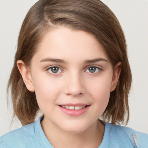 Joyful white child female with medium  brown hair and brown eyes