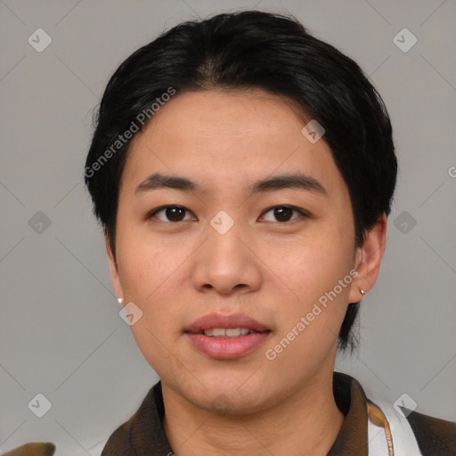 Neutral asian young-adult female with medium  black hair and brown eyes