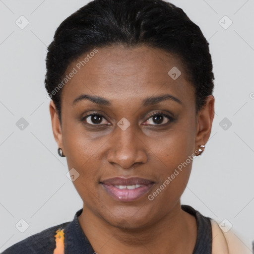 Joyful black adult female with short  brown hair and brown eyes