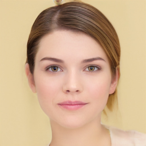 Neutral white young-adult female with medium  brown hair and brown eyes