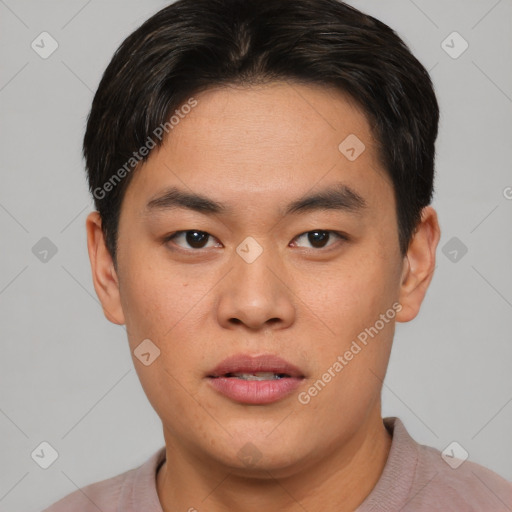 Neutral asian young-adult male with short  brown hair and brown eyes