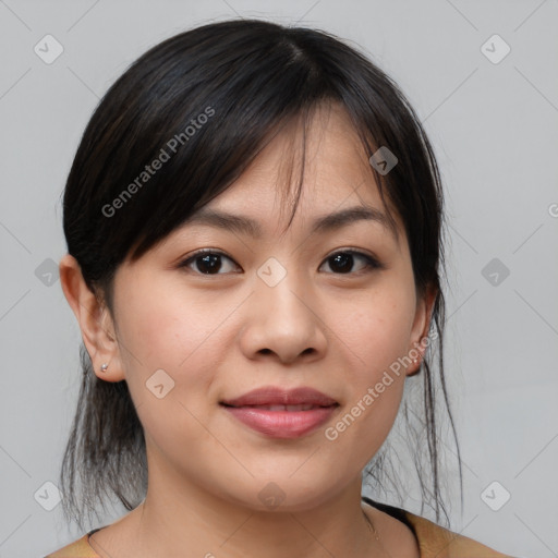 Joyful white young-adult female with medium  brown hair and brown eyes