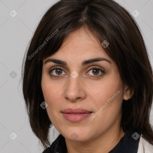 Joyful white young-adult female with medium  brown hair and brown eyes