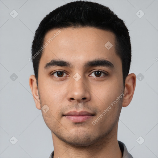 Neutral latino young-adult male with short  black hair and brown eyes