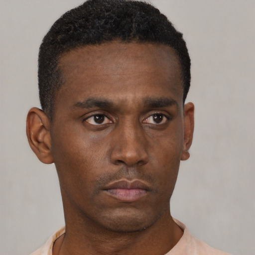 Neutral black young-adult male with short  black hair and brown eyes