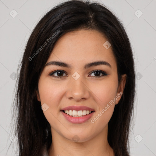 Joyful latino young-adult female with long  brown hair and brown eyes