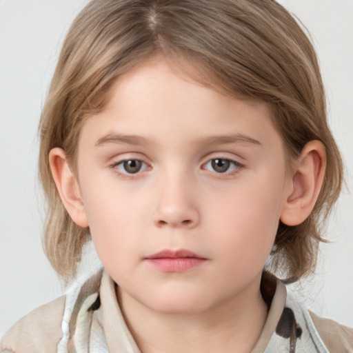 Neutral white child female with medium  brown hair and grey eyes