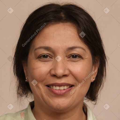 Joyful white adult female with medium  brown hair and brown eyes