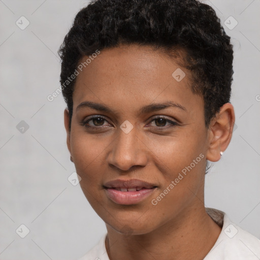 Joyful latino young-adult female with short  brown hair and brown eyes