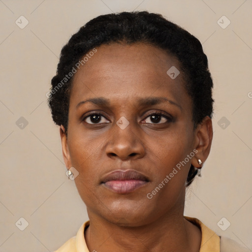 Neutral black young-adult female with short  black hair and brown eyes