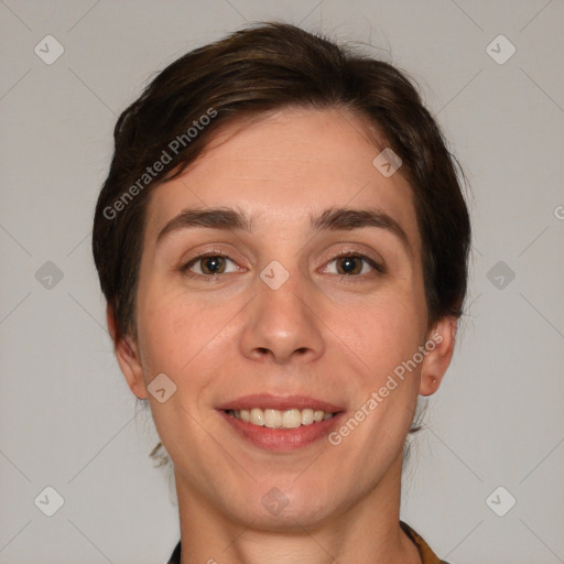 Joyful white young-adult female with short  brown hair and brown eyes