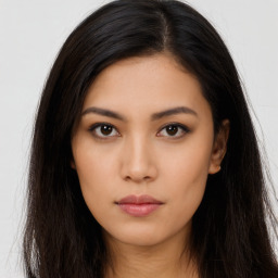 Neutral asian young-adult female with long  brown hair and brown eyes