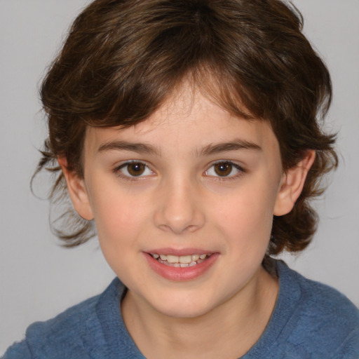 Joyful white child female with medium  brown hair and brown eyes