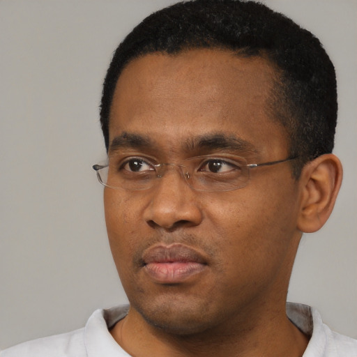 Neutral black young-adult male with short  black hair and brown eyes