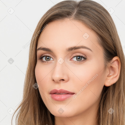 Neutral white young-adult female with long  brown hair and brown eyes