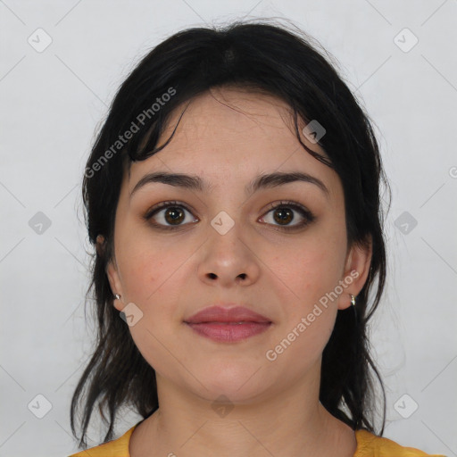 Neutral asian young-adult female with medium  black hair and brown eyes