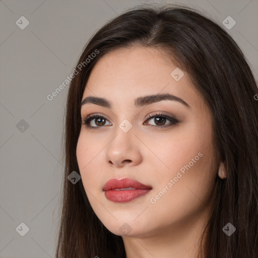 Neutral white young-adult female with long  brown hair and brown eyes