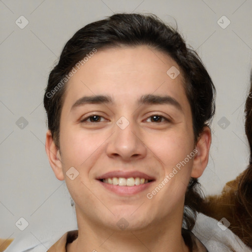 Joyful white young-adult male with medium  brown hair and brown eyes