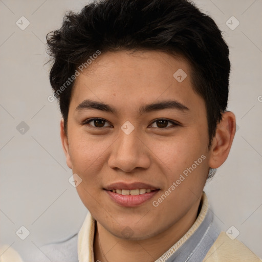 Joyful asian young-adult male with short  brown hair and brown eyes
