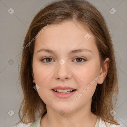 Joyful white child female with medium  brown hair and brown eyes