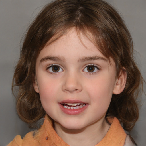 Joyful white child female with medium  brown hair and brown eyes